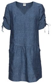Dunkelblaue Leinen-Bluse mit kurzen Ärmeln, V-Ausschnitt, Taillierung mit Faltenwurf am unteren Teil, Ärmel mit Tunnelzug und Schleifen, leichter Strukturstoff.