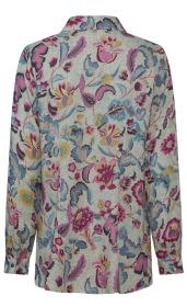 Rückansicht eines langärmeligen Hemds mit mehrfarbigem floralen Muster in Pink, Blau, Gelb und Lila auf hellgrauem Hintergrund, mit Kragen und Manschetten am Armabschluss.