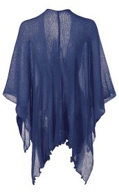 dunkelblaue, leichte Viskose-Stola mit lockerem, feinem Maschenstrick und asymmetrischem Saum, Vorderseite offen, transparente Struktur, locker fallend