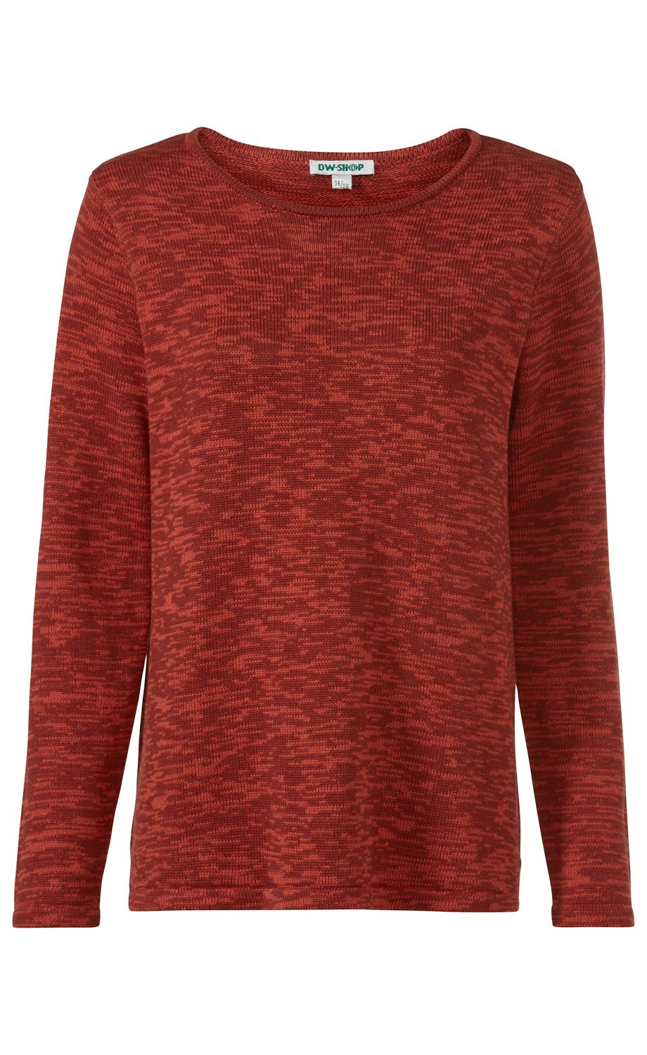 Baumwoll-Pullover in melierter roter Farbmischung, langärmlig, rundhalsausschnitt, schlichte Passform, feiner Strick, unifarben mit leicht strukturiertem Muster, geeignet für Alltag und Freizeit.