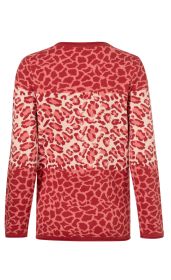 Baumwoll-Pullover Rückseite, langärmlig, Rundhalsausschnitt, rosarot mit mehrfarbigem, abstraktem Leopardenmuster, mittlere helle Querstreifen, rechteckiger Einsatz, gerade Passform, feines Strickmaterial