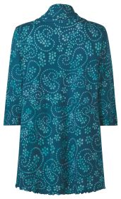 Baumwoll-Jacke hinten, türkisblau mit hellblauen Paisley- und Blumenmustern, 3/4-Ärmel, tailliert, langer Schnitt, leichter Stoff, lockerer Fall, gerüschter Saum