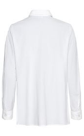 Baumwoll-Mix-Bluse in Weiß, Rückansicht, langärmlig, feines Jacquard-Muster, Hemdkragen und Manschetten mit dekorativem Lochmuster, gerade geschnitten, schlicht und elegant