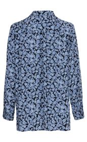 Langärmlige Bluse mit blauem Blumenmuster auf schwarzem Hintergrund, Rückansicht, Hemdkragen, schlichte, gerade Form