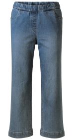 Baumwoll-Mix-Hose aus blauem Denim mit elastischem Bund, geradem Beinverlauf, seitlichen Eingrifftaschen und dekorativen Ziernähten, knöchellang.