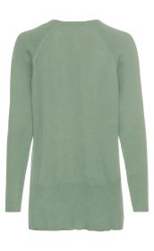 Baumwoll-Mix-Pullover in hellem Mintgrün, langärmlig, mit gerippten Ärmeln und Saum, Rückansicht, rundhals Ausschnitt, schlichte und leicht verlängerte Passform ohne Muster oder Verzierungen