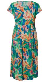 Viskose-Kleid mit kurzem Arm, V-Ausschnitt, tailliert, knielang, blaues Grundmaterial mit farbenfrohem tropischem Blumen- und Blätter-Print in Orange, Gelb, Pink und Grün