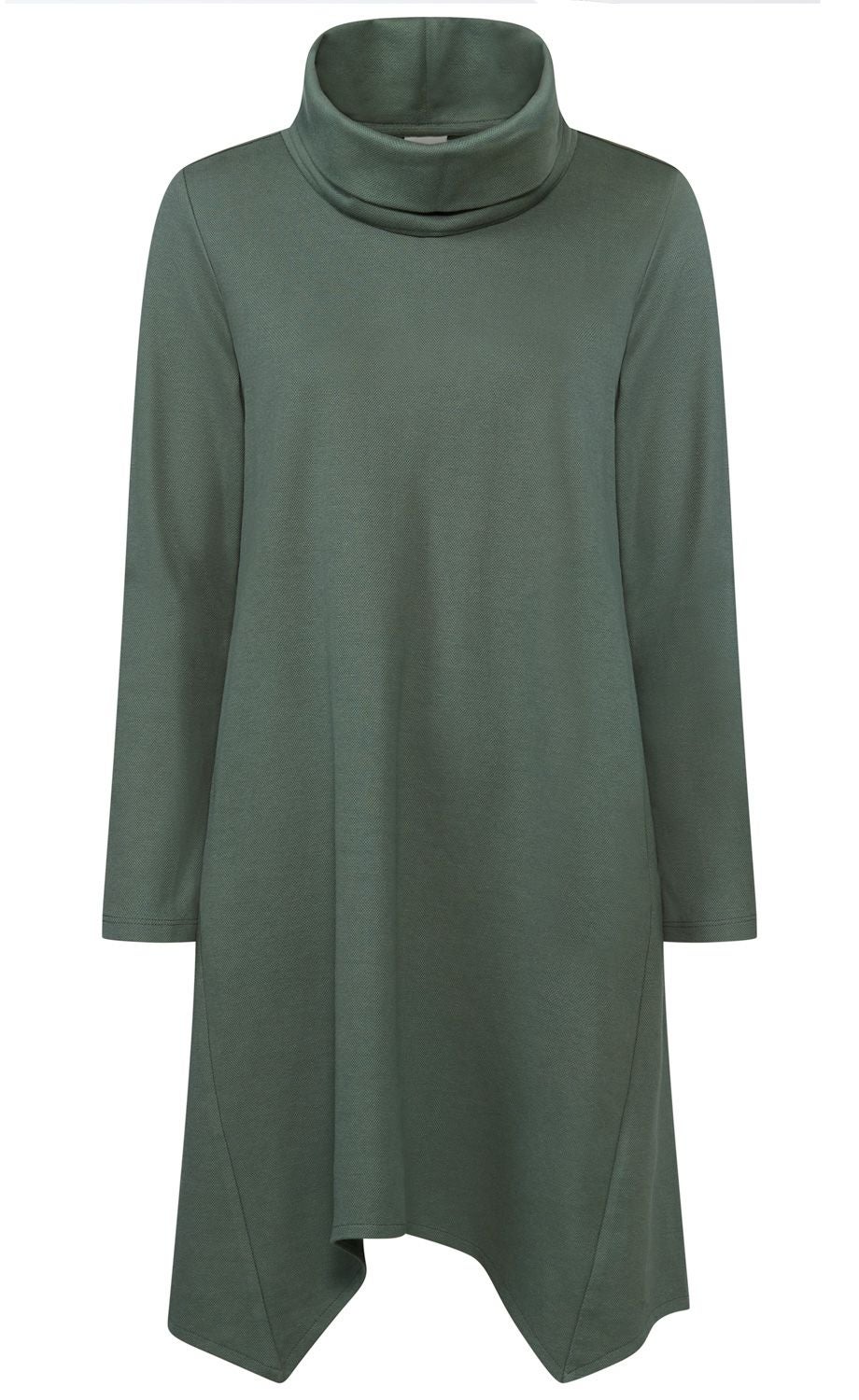 Grünes Damenkleid mit langem Arm, asymmetrischem Saum, weitem Rollkragen aus weichem Stoff, locker fallend, minimalistisches Design, ohne Muster, schlicht und elegant.