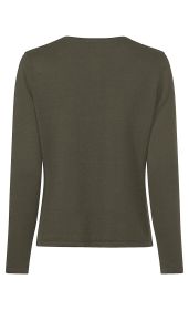 dunkelgrüner, langärmeliger Pullover aus feinem Strickstoff mit rundem Halsausschnitt, Rückansicht, keine Verzierungen oder Muster, gerade geschnitten