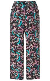 Viskose-Hose mit weitem Schnitt, elastischem Bund, schwarz als Grundfarbe und abstraktem, farbigem Muster in Pastellrosa, Hellblau, Lila und Weiß