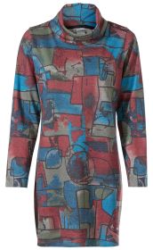Langärmliges Baumwoll-Mix Shirt mit hohem Kragen, geradem Schnitt, abstraktem Muster in Rot, Blau, Grau und Grün, geometrische Formen, strukturierter Stoff, farblich abwechslungsreich