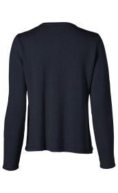 dunkelblaue Leinen-Mix-Strickjacke mit langem Arm, Rückansicht, schlichtes Design, leicht tailliert, mit Rundhalsausschnitt, ohne Muster oder Verzierungen, legere Passform