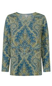 Baumwoll-Shirt mit langem Arm, V-Ausschnitt, blau-beigem Paisley-Muster mit floralen und ornamentalen Details, gerade Passform, weicher Stoff, für Damen.