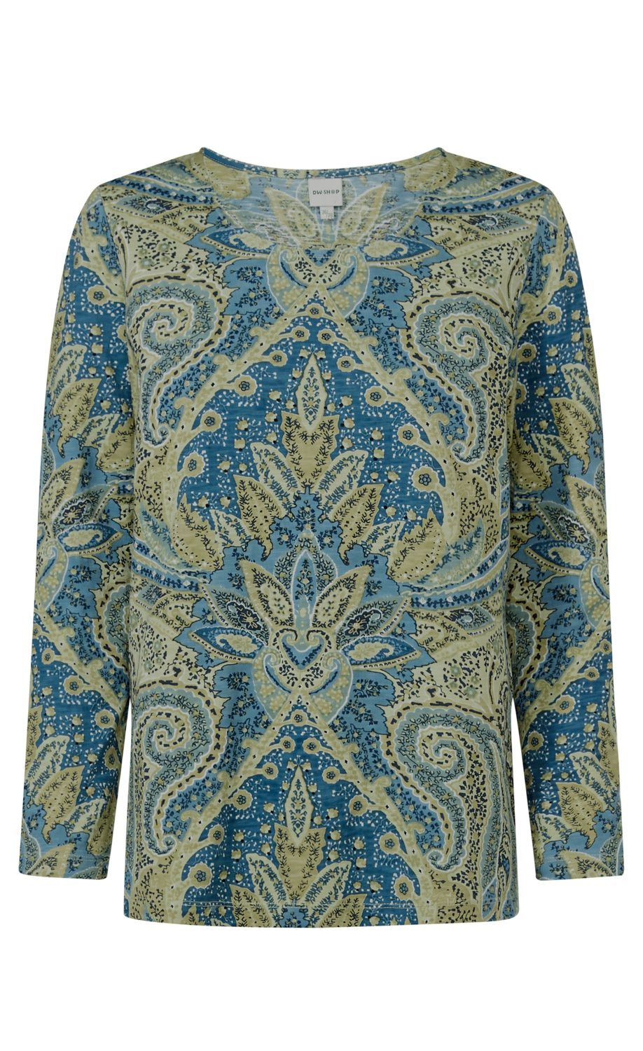 Baumwoll-Shirt mit langem Arm, V-Ausschnitt, blau-beigem Paisley-Muster mit floralen und ornamentalen Details, gerade Passform, weicher Stoff, für Damen.