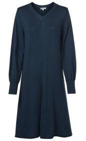 Baumwoll-Mix-Kleid in Dunkelblau, langärmlig, V-Ausschnitt, leicht ausgestellter Schnitt, gerippte Bündchen an den Ärmeln, schlichte und elegante Optik