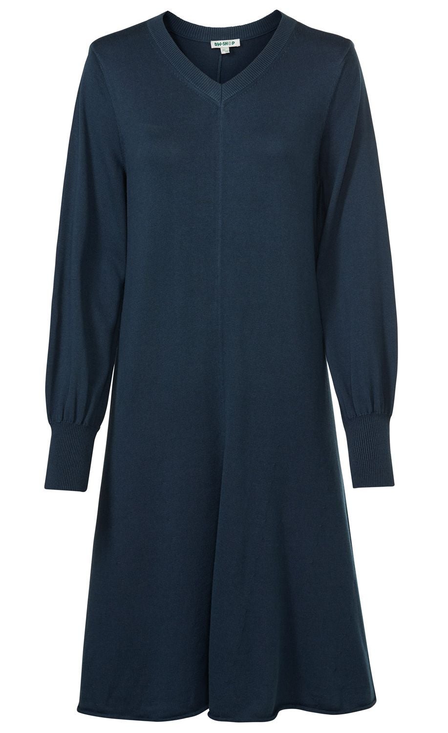 Baumwoll-Mix-Kleid in Dunkelblau, langärmlig, V-Ausschnitt, leicht ausgestellter Schnitt, gerippte Bündchen an den Ärmeln, schlichte und elegante Optik