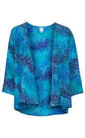 Viskose-Jacke in Blau- und Türkistönen mit floralen und abstrakten Mustern, offene Front, langärmlig, leichter Stoff, lockerer Schnitt, runder Halsausschnitt, Größe 36/38, angenehmes Material für Frühling und Sommer