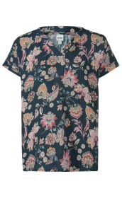 Baumwoll-Bluse mit V-Ausschnitt und kurzen Ärmeln, dunkelblau mit floralen Mustern in rosa, orange und hellblau, lockere Passform, leichte Textur sichtbar, Größe 38, DW-Shop Label innen am Kragen