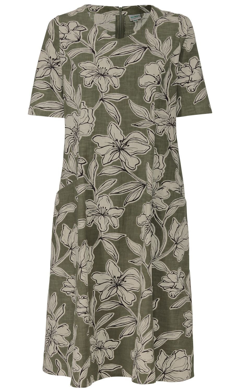 grünes Baumwoll-Kleid mit kurzen Ärmeln, Blumendruck in Beige und Schwarz, leichter A-Linien-Schnitt, Rundhalsausschnitt mit kleinem Ausschnitt, verdeckter Reißverschluss hinten, zwei seitliche Eingrifftaschen