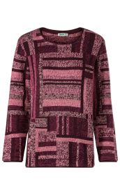 Baumwoll-Pullover mit langem Arm, Rundhalsausschnitt, geometrischem Muster in verschiedenen Rosatönen und dunklem Bordeaux, gerade geschnitten, weiche Struktur