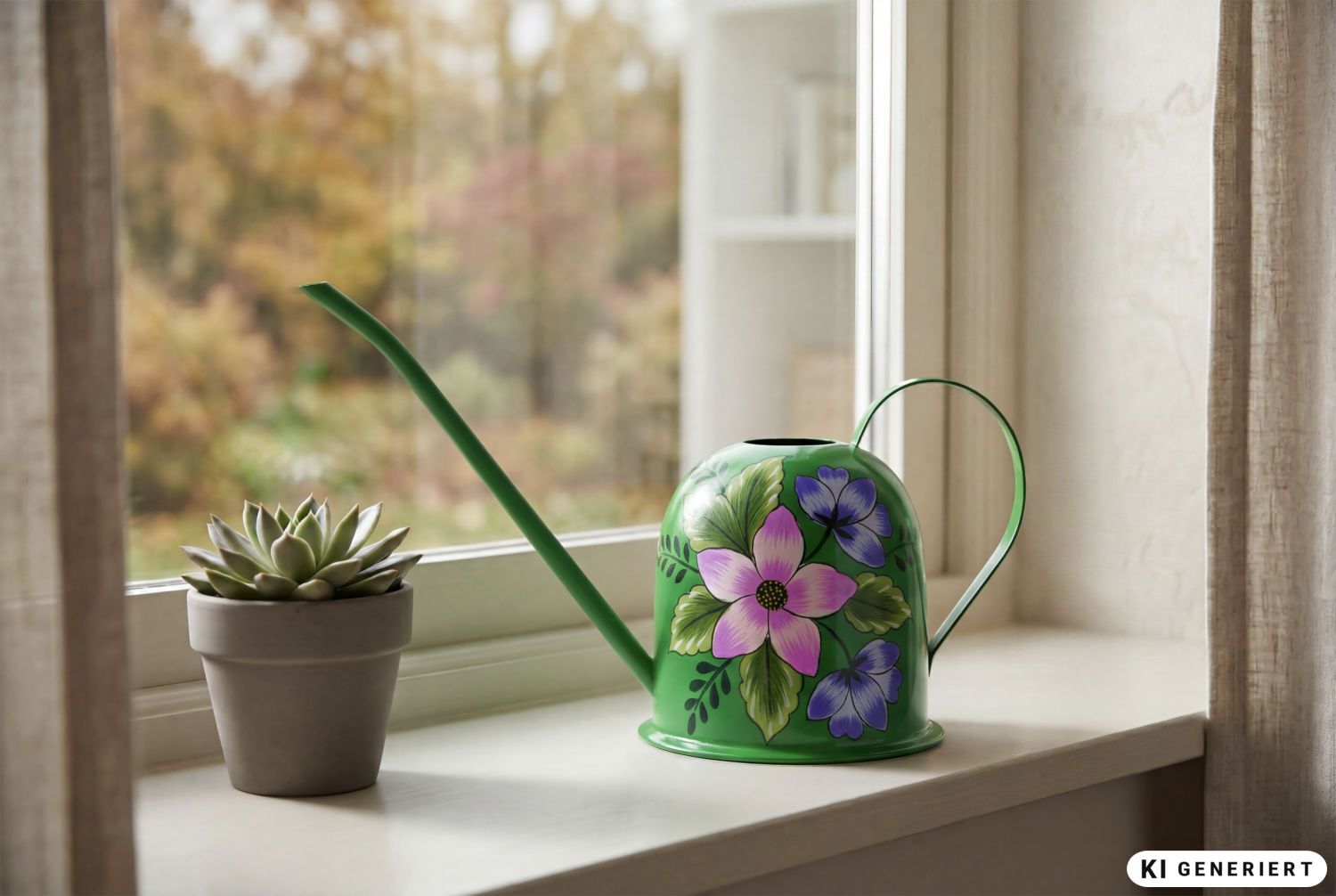 Grüne Metall-Gießkanne mit langem Ausguss und handbemaltem floralem Motiv in Pink und Blau, steht auf einem weißen Fensterbrett neben einem kleinen Topf mit einer Sukkulente, unscharfer Herbstgarten im Hintergrund.