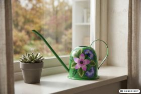 Grüne Metall-Gießkanne mit langem Ausguss und handbemaltem floralem Motiv in Pink und Blau, steht auf einem weißen Fensterbrett neben einem kleinen Topf mit einer Sukkulente, unscharfer Herbstgarten im Hintergrund.