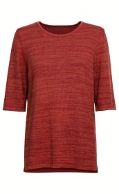 Baumwoll-Pullover in rostrot mit Rundhalsausschnitt, halblangen Ärmeln und feiner Struktur, lässig geschnitten, leicht verlängertes Rückenteil, unifarben mit feiner Melierung, casual Stil