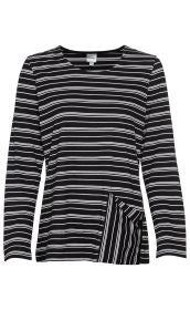 schwarzes Baumwoll-Shirt mit weißen horizontalen Streifen, langen Ärmeln, rundem Ausschnitt und asymmetrischem Saum mit geknöpftem Detail auf der Vorderseite