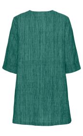 Grüne Baumwoll-Bluse mit 3/4-Ärmeln, gerader Rückenansicht, strukturierter Oberfläche, ärmelenden mit Umschlag, knielang, schlichtes Design ohne Muster oder Verzierungen