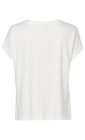 Rückansicht eines weißen Baumwoll-Mix-Shirts mit kurzem Ärmel und weitem Rundhalsausschnitt, schlichtes Design ohne Muster oder Applikationen, lässiger Schnitt