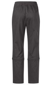 dunkelgraue Baumwoll-Mix-Hose mit elastischem Bund, verkürzter Beinlänge mit abnehmbaren unteren Hosenbeinen, gerader Schnitt, einfache Ausführung ohne Muster oder Taschen sichtbar