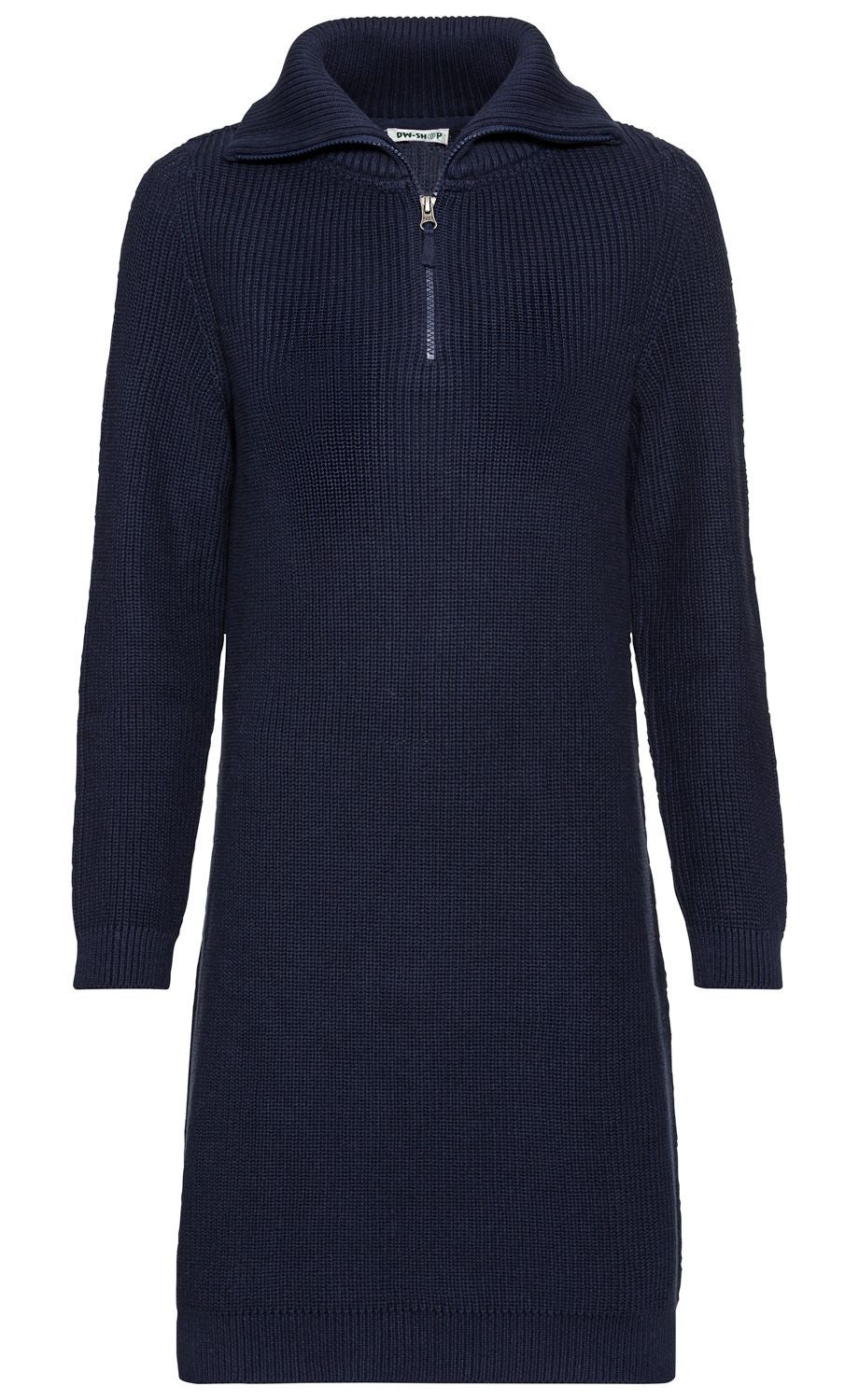 dunkelblaues, langärmliges Strickkleid aus Baumwolle mit kurzem Reißverschluss und umklappbarem Kragen