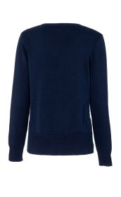 dunkelblauer Baumwoll-Pullover mit Langarm, gerippten Bündchen an Ärmeln und Saum, Rückansicht, schlichte und einfarbige Optik