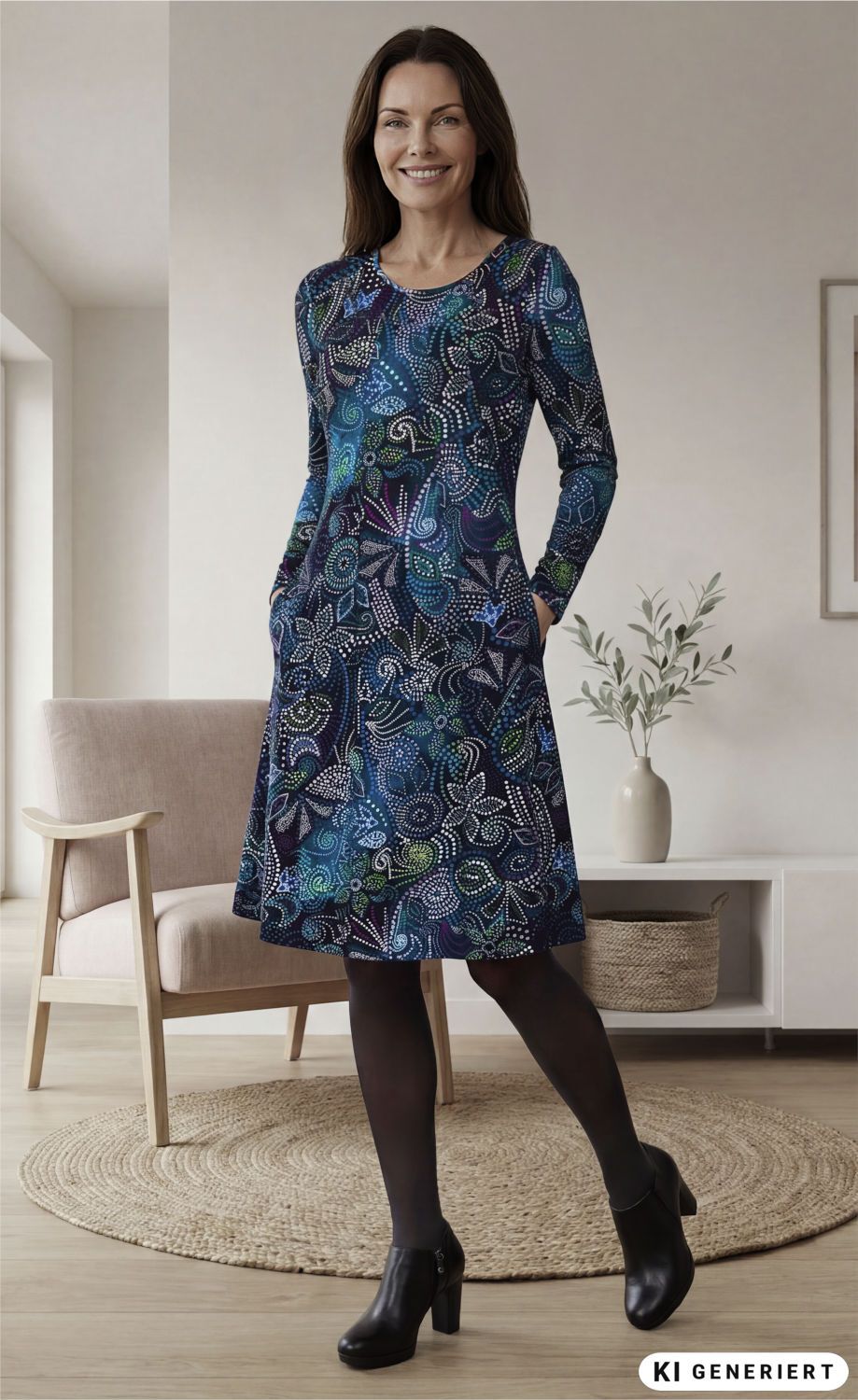 Frau trägt knielanges, bunt gemustertes Baumwoll-Mix-Kleid mit langen Ärmeln, schwarze Strumpfhose und schwarze Stiefeletten, steht in modernem Wohnzimmer mit Sessel, Teppich, Pflanze und Sideboard