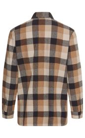 Baumwoll-Bluse in Beige, Braun, Schwarz und Grau kariert, Rückansicht, Langarm mit Manschetten und Knöpfen, klassischer Hemdkragen, mittellanger Schnitt