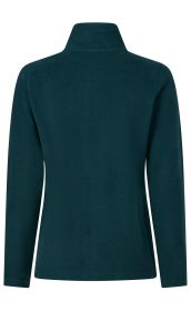 dunkelgrüner Fleecepullover mit langem Arm und Stehkragen, von hinten dargestellt, ohne sichtbare Logos oder Muster, schlichtes Design, gerade geschnitten, in gleichmäßigem Farbton