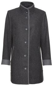 Dunkelgraue Woll-Mix-Jacke mit Stehkragen, fünf schwarzen Knöpfen, hellgrauen Besätzen an Knopfleiste, Ärmelenden und Taschen, seitlichen Knöpfen und leicht tailliertem Schnitt