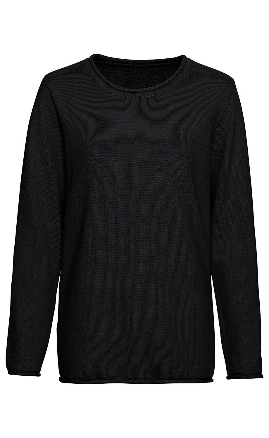 Schwarzer Baumwoll-Pullover mit Rundhalsausschnitt und langen Ärmeln, einfacher, gerader Schnitt, ohne Muster oder Verzierungen, für Damen oder Herren geeignet.