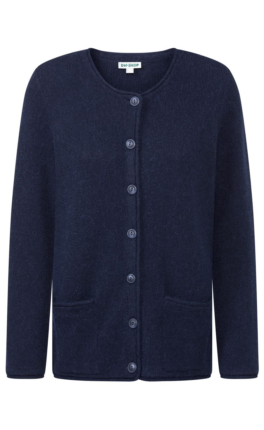 dunkelblaue Strickjacke mit Rundhalsausschnitt, durchgehender Knopfleiste vorne, langen Ärmeln und zwei kleinen Taschen, schlichter Stil, weiche Struktur