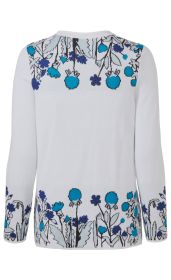 Baumwoll-Pullover weiß mit blauen und violetten Blumenmotiven am Rücken, an den Ärmeln und am unteren Saum, langärmlig, leichter Stoff, Rundhalsausschnitt