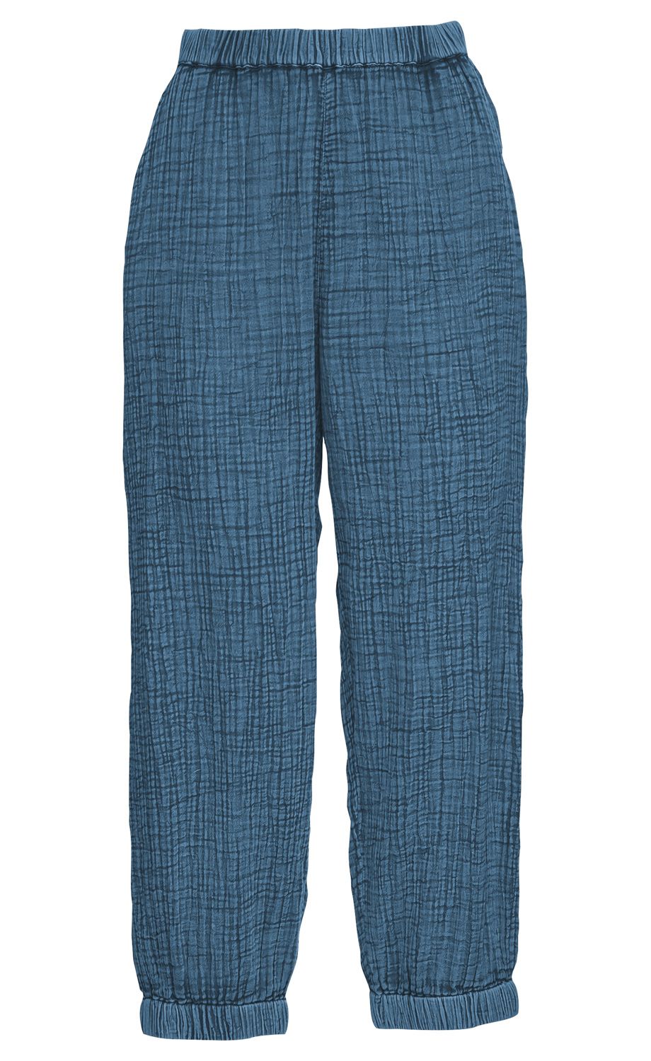 Blaue Baumwoll-Hose mit elastischem Bund, strukturierter Oberfläche, geradem Schnitt und elastischen Bündchen am Beinabschluss.