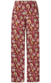 rote Viskose-Hose mit elastischem Bund und ganzflächigem floralen Muster in Gelb, Weiß und Grau, gerade geschnitten, körperfern sitzend