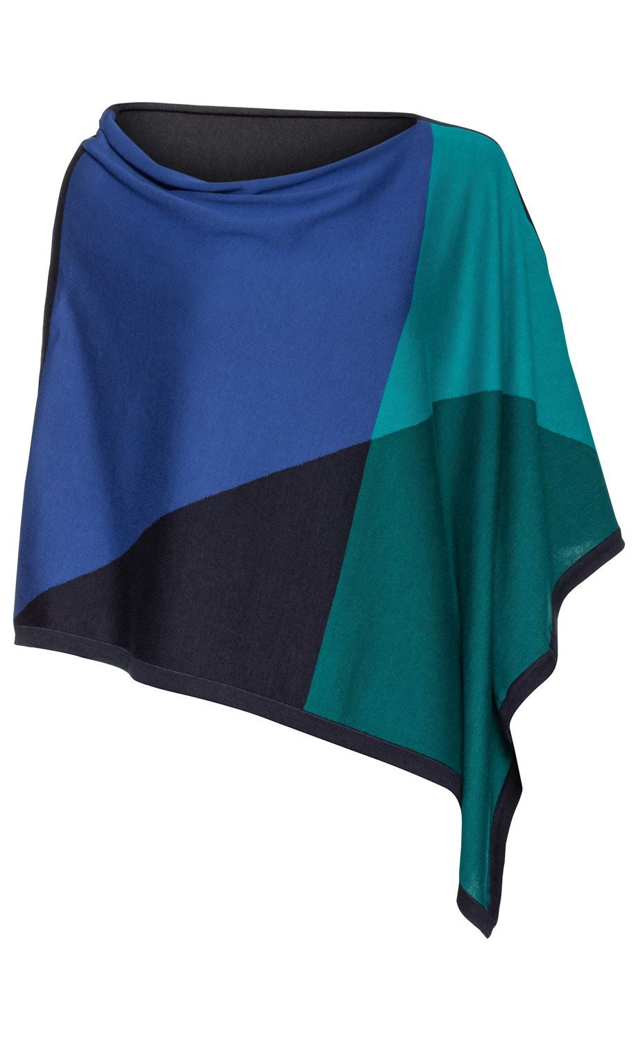 Baumwoll-Mix-Poncho in asymmetrischem Design, Farbblockmuster in Blau, Türkis und Schwarz, mit Rundhalsausschnitt und leicht fallendem Saum, weich und bequem