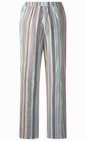 Baumwoll-Hose mit geradem Schnitt und elastischem Bund, in Pastellfarben gestreift mit Blau-, Beige- und Rot-Tönen, leicht strukturierter Stoff, legere Passform