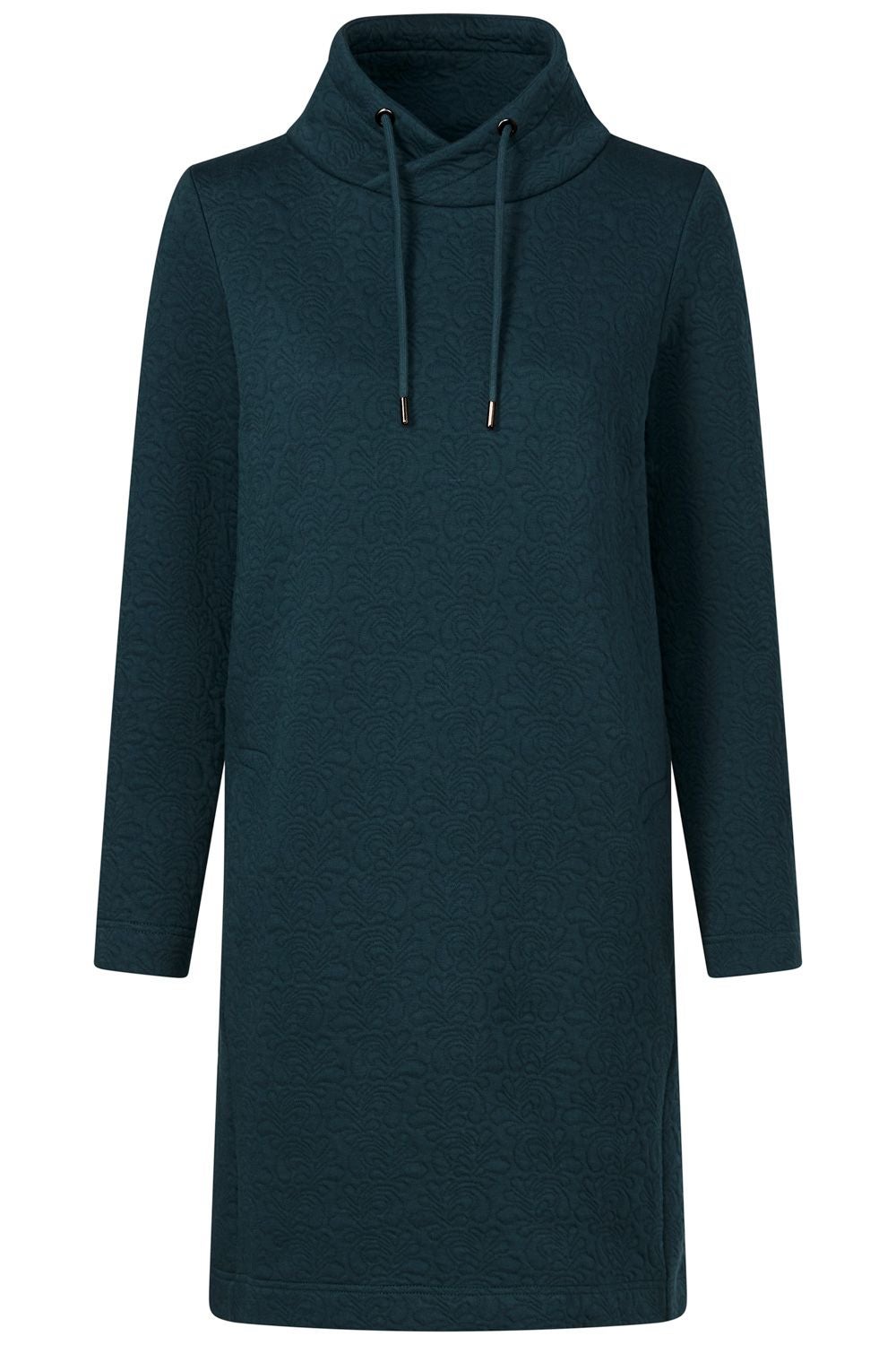 Dunkelblaues, langärmliges Sweatshirtkleid mit Stehkragen und Kordelzug, leicht gemustert, gerade geschnitten, knielang