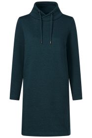 Dunkelblaues, langärmliges Sweatshirtkleid mit Stehkragen und Kordelzug, leicht gemustert, gerade geschnitten, knielang