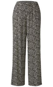 Viskose-Hose mit weitem Bein, elastischem Bund, schwarz-weißem floralen Muster aus organischen Tropfen- und Blattformen, leichte und fließende Stoffqualität