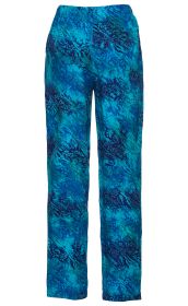 Viskose-Hose mit elastischem Bund, blau-türkises abstraktes Muster mit Blatt- und Zweigmotiven, gerade geschnitten, leichte Stoffqualität, knöchellang