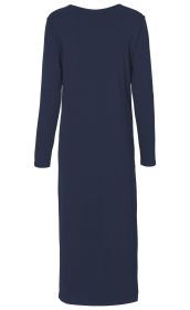 Viskose-Mix-Kleid in Dunkelblau, langärmelig, knöchellang, schlicht geschnitten, Rundhalsausschnitt, Rückansicht, locker fallende Passform.