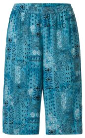 blaue Viskose-Hose mit buntem Ethno-Muster, elastischem Bund, lockerer Schnitt, knielang, verschiedene Ornamente in Schwarz, Weiß und Dunkelblau